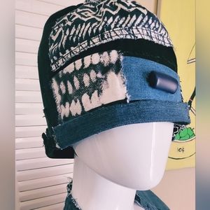 Handmade black and white denim hat blue jean x small